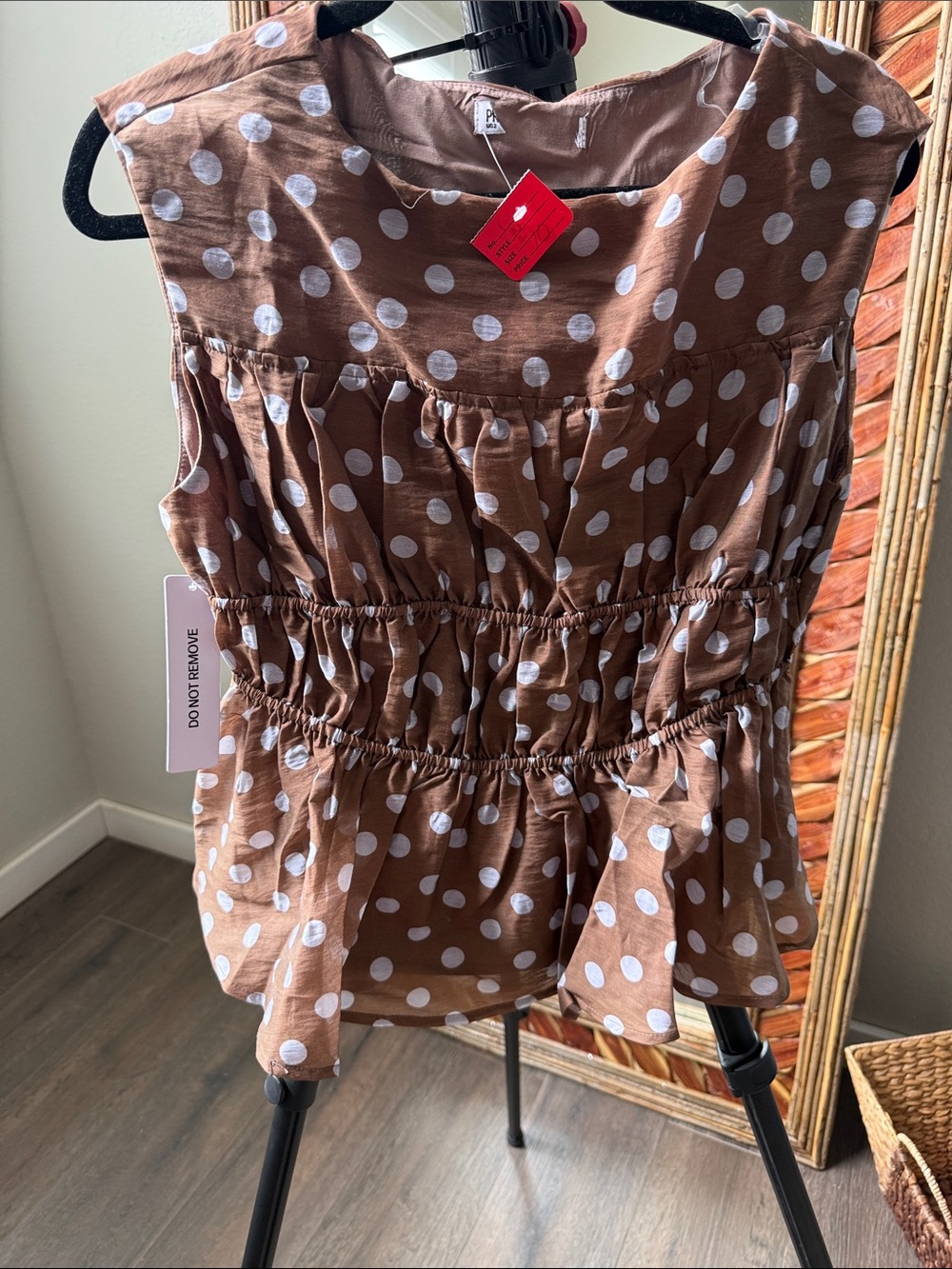 Brown Polka Dot Sleeveless Peplum Top